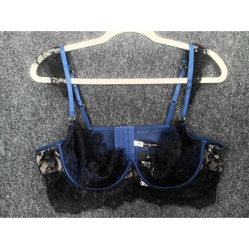 Oh La La Chéri Viscose Jersey and Eyelash Lace Bra, Estate Blue/Black, Size 2X
